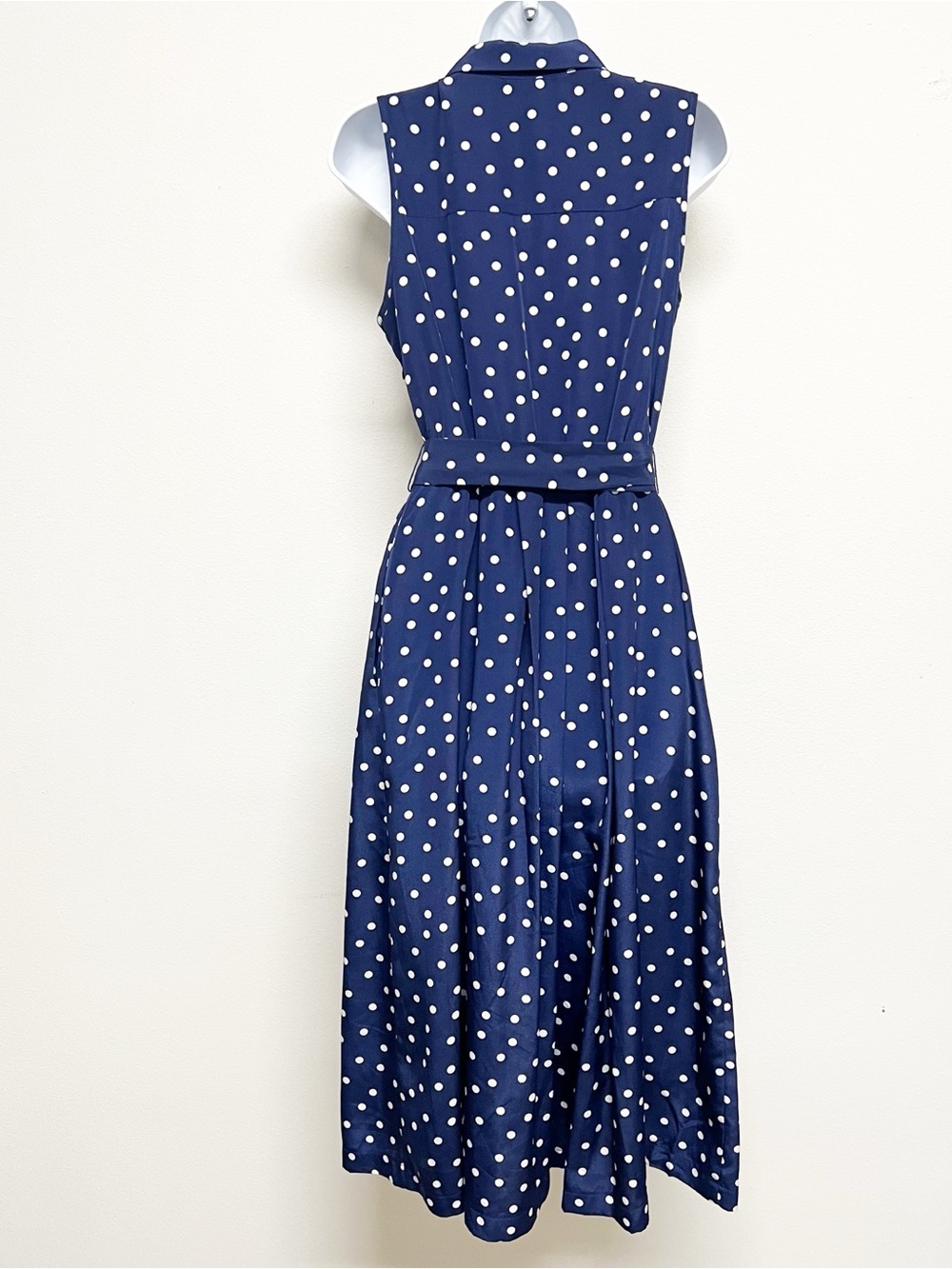 1901 Womens Navy White Polka Dot Sleeveless Tie Waist Button Up Midi Dress - Picture 4 of 9